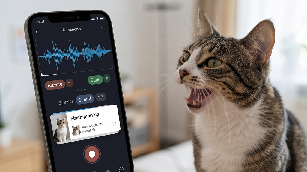 宠物猫咪翻译器录音分析功能界面展示,手机屏幕中显示声波曲线与猫咪情绪标签,旁边有一只猫咪正对着手机叫,布局为左手机右猫咪,风格为写实生活摄影与UI界面结合,细节包含录音按钮、波形图、情绪结果卡片,画质清晰干净,无多余元素