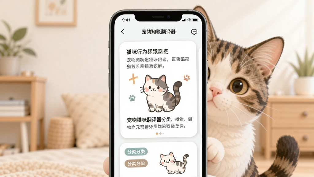 宠物猫咪翻译器知识科普页面展示,手机屏幕中显示图文并茂的猫咪行为解读卡片,一只猫咪在背景中探头,布局为手机界面为主视觉,风格为清新插画风,细节包含科普文字、猫咪示意图、分类标签,画质清晰干净,无多余元素