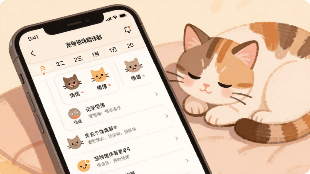 宠物猫咪翻译器情绪记录页面展示,手机屏幕中显示日历式记录列表与猫咪情绪图标,一只猫咪趴在旁边休息,布局为手机屏幕特写占主体,风格为柔和暖色调扁平设计,细节包含日期标签、情绪图标、记录条目,画质清晰干净,无多余元素