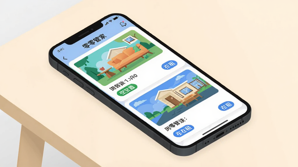 零零管家应用内房源卡片列表界面示意图,主体为一部手机显示彩色房源卡片,布局为手机斜放于浅色桌面,排版突出卡片信息层次,风格为清爽扁平UI插画,细节包含绿色空置标签与蓝色在租标签,画质干净清晰,无多余元素