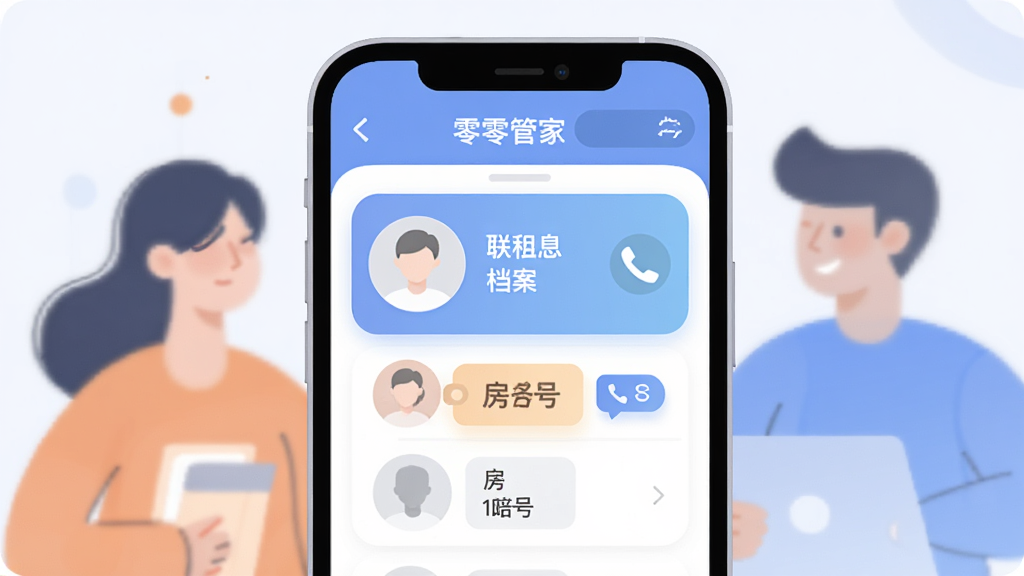 零零管家租客信息档案界面展示图,主体为手机屏幕上的联系人卡片与房号标签,布局为手机居中、背景有抽象人物剪影,排版突出信息条目,风格为柔和圆角插画,细节包含头像占位符与电话图标,画质干净清晰,无多余元素