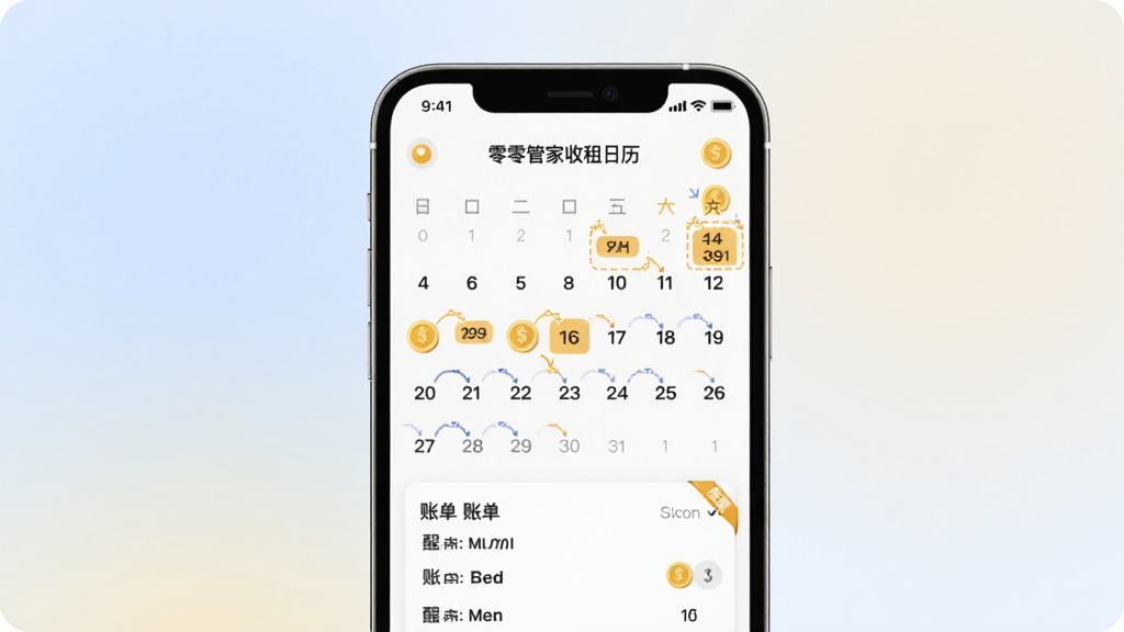 零零管家收租日历与账单提醒功能展示图,主体为手机屏幕上的月历视图与账单条目,布局为手机正面居中、背景为柔和渐变,排版强调日期高亮与提醒角标,风格为现代简约插画,细节包含金币图标与日历标记,画质清晰干净,无多余元素