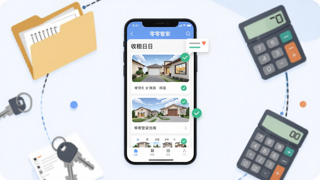 一幅展示零零管家应用主界面的场景图,画面中央是一部竖屏手机,屏幕上显示房源卡片列表与收租日历,手机周围环绕着钥匙、文件夹、计算器等办公物件,布局为手机居中、物件呈环形散落,风格为扁平化科技插画,细节包括屏幕上的绿色对勾图标与提醒气泡,画质清晰干净,无多余元素
