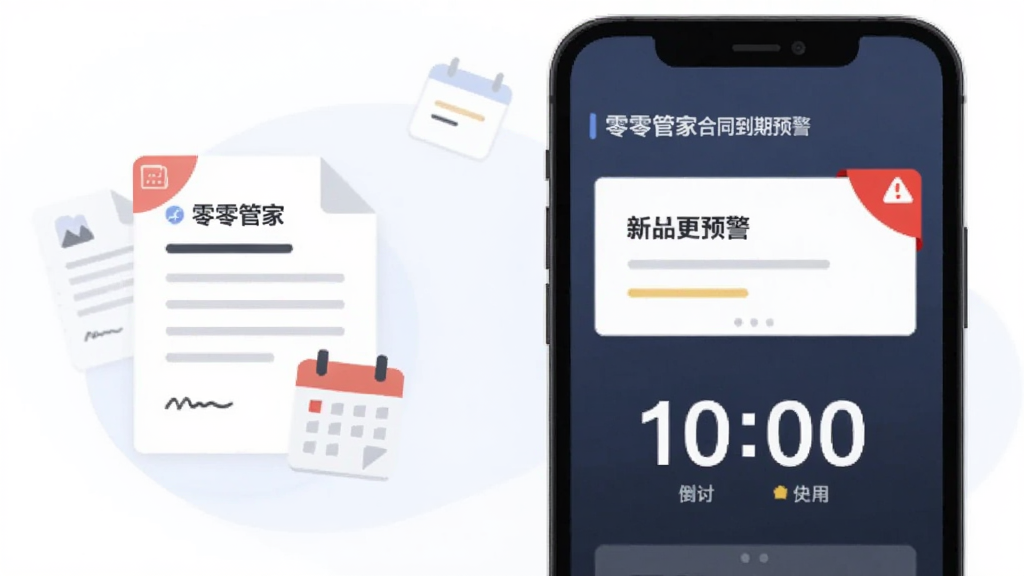 零零管家合同到期预警界面示意图,主体为手机显示合同卡片与倒计时数字,布局为手机置于画面右侧、左侧漂浮合同文档图标,排版简洁明了,风格为商务扁平插画,细节包含红色预警角标与日历符号,画质清晰,无多余元素