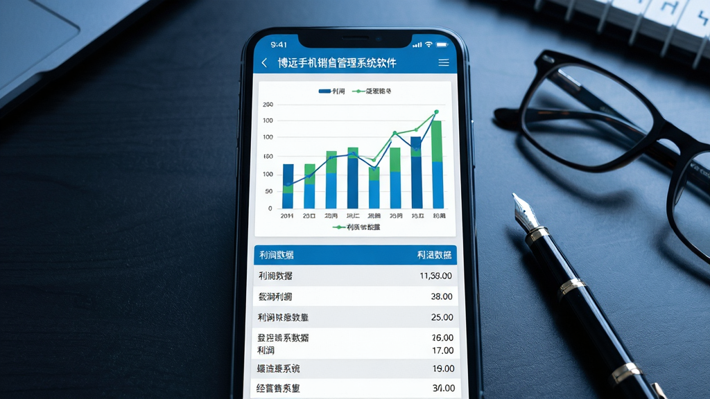 画面主体为一部手机竖屏显示经营报表页面,屏幕上半部分为柱状图与折线图组合,下半部分为利润数据列表,图表配色为蓝绿相间,布局上手机居中放置于深色办公桌面上,旁边有一支钢笔与一副眼镜,风格为商务办公摄影,细节上屏幕内可见“博远手机销售管理系统软件”字样与清晰的数据标签,画质高清,光线偏冷色调,画面干净无多余元素