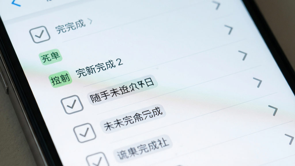 随手便签记事本待办清单界面特写,主体为手机屏幕上的勾选列表,布局展示已完成与未完成条目对比,风格清爽浅色,细节包含勾选框与分类标签,画质清晰,干净,无多余元素