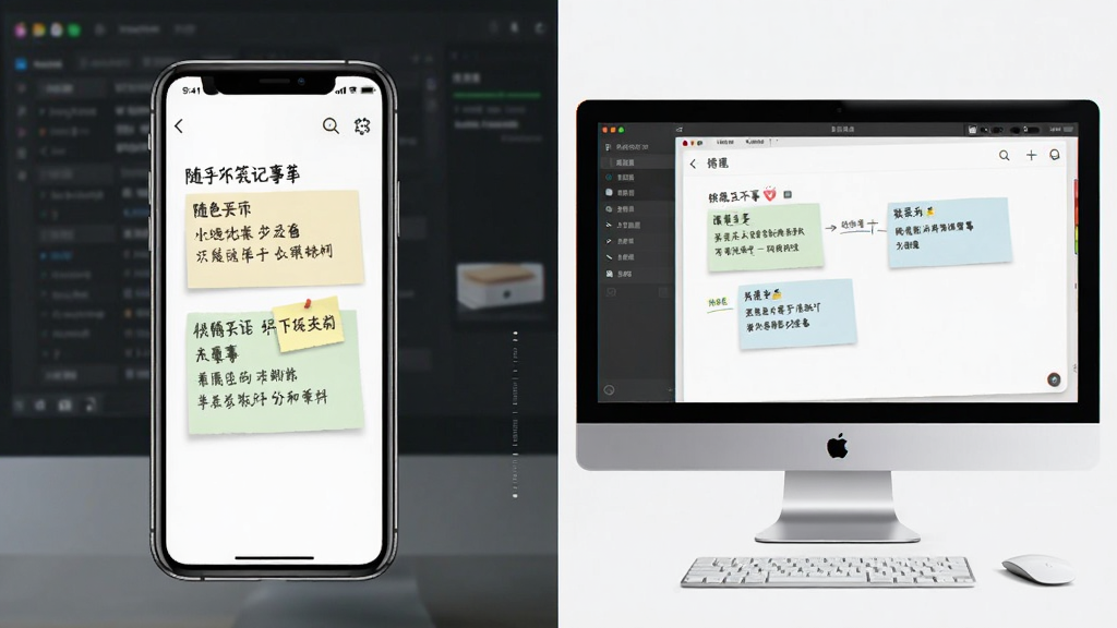 随手便签记事本在手机与模拟器上同步使用的示意画面,主体为一部手机和一台电脑屏幕,布局左右对照,风格简洁科技感,细节展示便签内容界面,画质清晰,干净,无多余元素