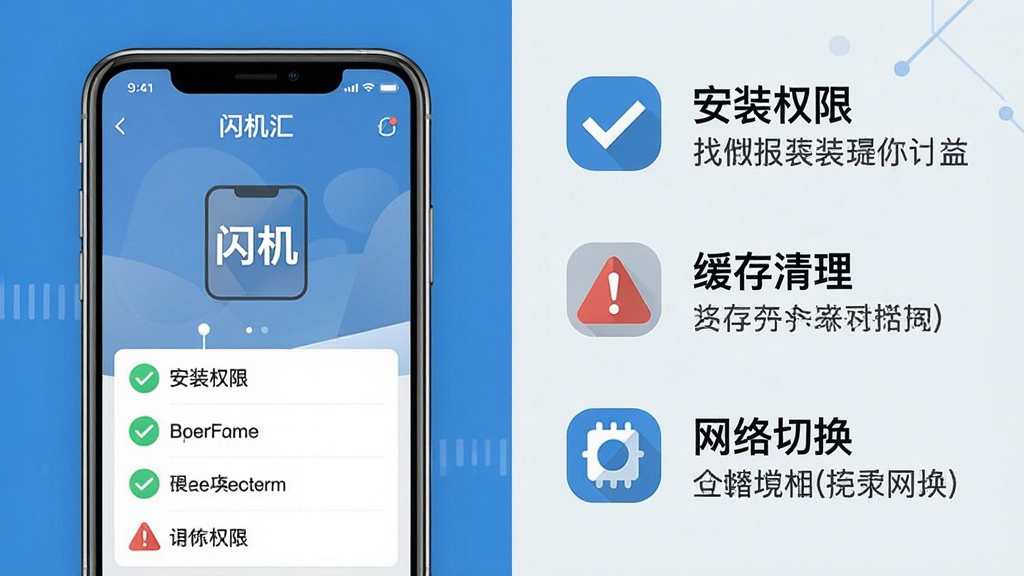 一幅表现手机应用使用注意事项的示意图,画面左侧是一部手机展示闪机汇应用界面,右侧以图标形式列出安装权限、缓存清理、网络切换等提示条目,布局为左右分栏对比式,风格为简洁信息图,细节上使用勾选和警示图标区分注意事项,整体色调清爽以蓝灰为主,画质干净清晰,画面中可出现闪机汇字样,无多余装饰