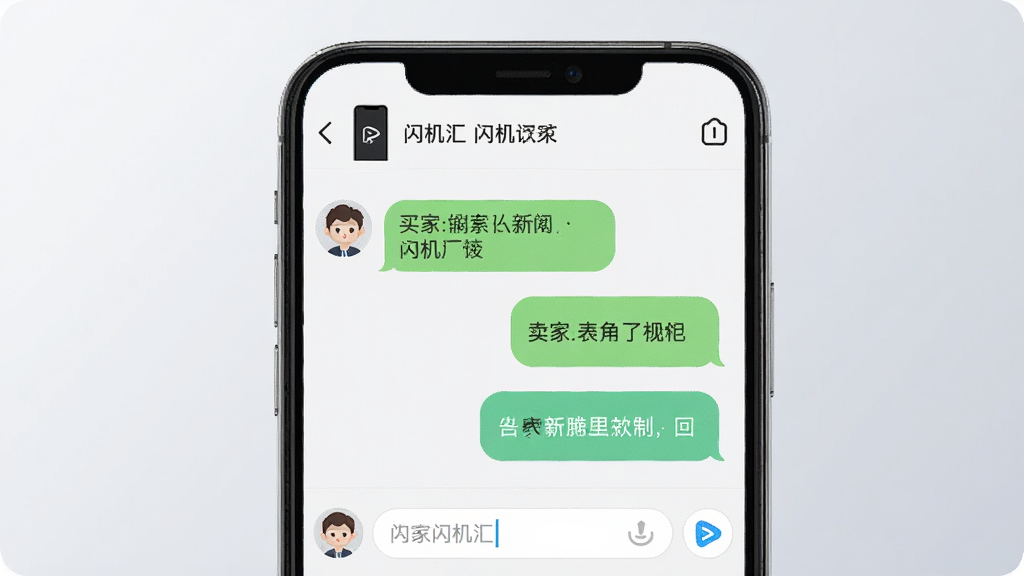 一部手机屏幕显示闪机汇的聊天沟通界面,左侧是买家头像和消息气泡,右侧是卖家回复内容,界面顶部显示设备缩略图和型号信息,背景为柔和的浅灰色渐变,风格为移动端UI界面展示,细节突出消息气泡圆角和输入框,画质清晰干净,画面中可出现闪机汇字样,无多余干扰元素