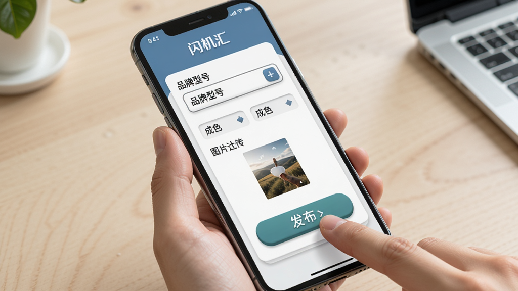 一部手机屏幕展示闪机汇的信息发布表单界面,表单包含品牌型号选择框、成色选项和图片上传区域,旁边有一只手正在点击发布按钮,背景是简洁的浅色桌面环境,风格为写实UI展示图,细节突出表单卡片和按钮的立体感,画质清晰干净,画面中可出现闪机汇字样,无多余装饰元素