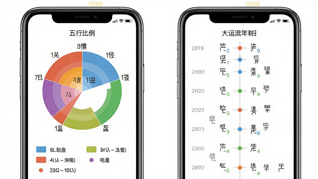 陈抟八字排盘五行分析与大运流年页面组合展示,画面主体为两部手机并排,左侧手机显示五行比例环形图与颜色图例,右侧手机显示大运流年时间轴列表,布局为左右对称排列,排版整洁有序,风格为数据可视化工具风格,细节包含环形图色块、时间轴节点、干支字符标注,画质高清,画面干净无多余元素