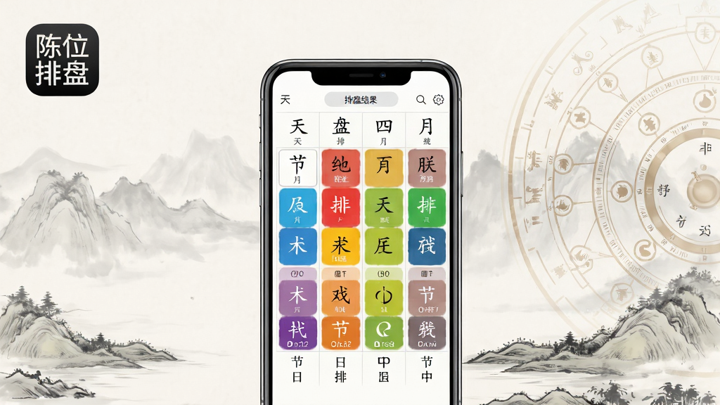 软件主界面展示陈抟八字排盘应用图标与排盘结果页面,画面主体为一部智能手机居中摆放,手机屏幕显示八字四柱排盘表格与五行颜色标注,背景为淡雅水墨山水与罗盘纹样,布局上手机占据视觉中心,四周留白干净,排版采用上下分层结构,风格为现代简约中国风,细节包含天干地支字符、五行色块、节气标注,画质高清锐利,画面干净无多余元素