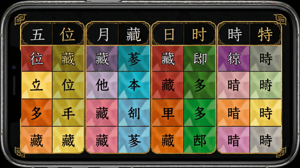 陈抟八字排盘四柱排盘结果页面特写,画面主体为手机屏幕显示年柱月柱日柱时柱四列排盘表格,每列上方标注天干地支,下方显示藏干与十神,表格采用五行颜色区分,布局为手机居中、屏幕内容放大呈现,排版清晰整齐,风格为专业工具类界面风格,细节包含金色边框、深色背景、五行色块标注,画质高清,画面干净无多余元素