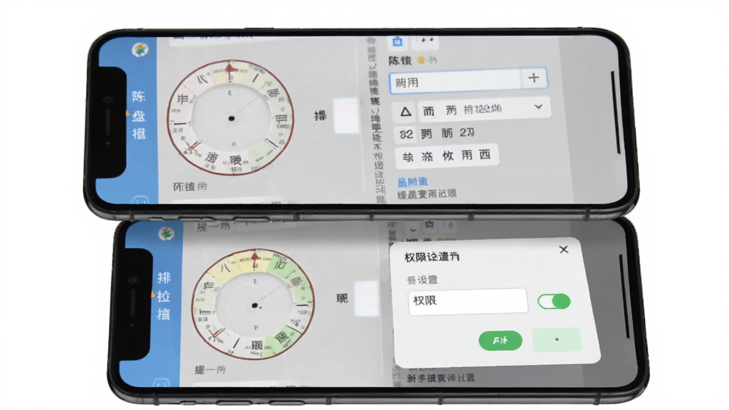 陈抟八字排盘新手操作引导页面与设置界面组合图,画面主体为手机屏幕显示排盘信息填写表单与权限设置弹窗,布局为上下两张手机界面叠放展示,排版清晰分层,风格为移动应用操作指南风格,细节包含输入框、日期选择器、权限开关按钮、提示文字标注,画质高清,画面干净无多余元素