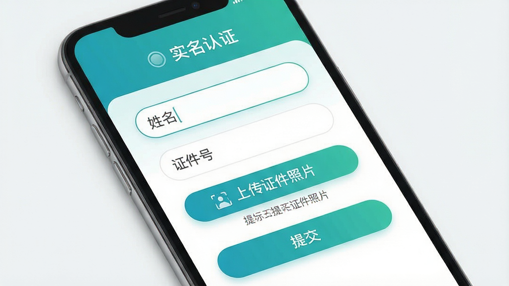 一张展示实名认证界面的手机截图风格图,画面中手机屏幕显示认证信息填写页面,包含姓名输入框、证件号输入框、上传证件照片的按钮以及提交按钮,页面顶部有“实名认证”标题,整体配色为青绿色与白色,风格为简洁明快的移动端UI设计,细节包括输入框圆角、按钮渐变、提示文字清晰,画质干净清爽,无多余元素