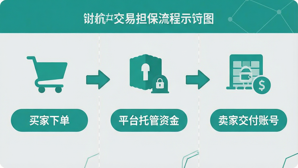 一张展示交易担保流程的示意图,画面采用横向三栏布局,从左到右依次为买家下单、平台托管资金、卖家交付账号三个环节,每个环节配有简洁的图标与短文字说明,整体配色以青绿色为主、浅灰为辅,风格为扁平化信息图设计,细节包括箭头连接、圆角矩形标签、清晰的层级排版,画质干净整洁,无多余装饰元素