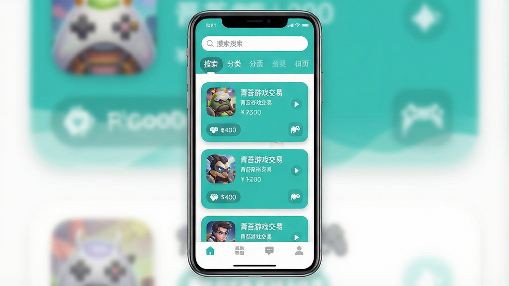 一张手机应用界面展示图,画面中央是一部竖屏智能手机,屏幕中呈现游戏交易平台的首页布局,顶部有搜索栏和分类标签,中部为商品列表卡片,卡片上带有游戏图标与价格标签,底部为导航菜单栏;整体采用青绿色与白色搭配的清爽配色,界面文字包含“青苔游戏交易”字样;风格为扁平化UI设计,细节包括圆角卡片、投影层次、图标简洁清晰,画质干净明亮,无多余装饰元素