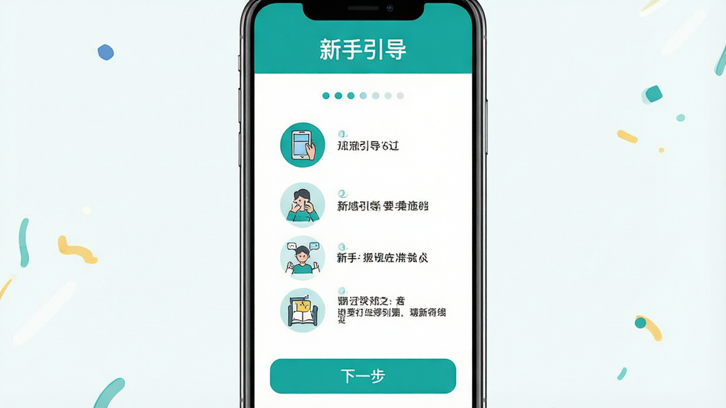一张手机应用新手引导界面的展示图,画面中手机屏幕显示分步引导页面,包含图标与短文字提示,页面顶部有“新手引导”标题,底部有“下一步”按钮,整体配色为青绿色与白色,风格为简洁的移动端引导页设计,细节包括步骤指示点、插画风格图标、清晰的文字排版,画质干净明亮,无多余装饰元素