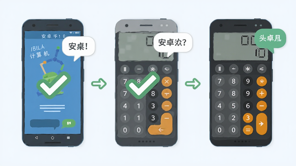手机智能计算机在安卓手机上的安装与使用场景示意图,画面展示一部手机从下载安装到打开计算器界面的流程,配有对勾和提示气泡等简洁图形元素,整体风格扁平化,布局清晰有序,画质干净,无多余元素