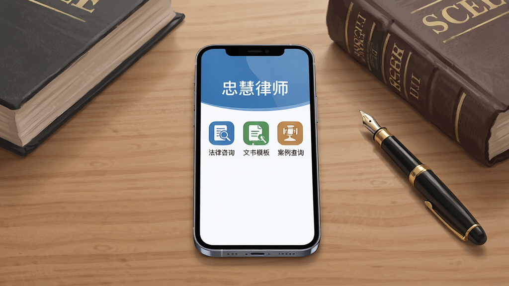 画面主体为一部智能手机,屏幕中央显示“忠慧律师”应用界面,界面包含法律咨询、文书模板、案例查询三个功能模块图标,手机平放在木质桌面上,旁边摆放一本法律书籍和一支钢笔,布局采用居中构图,手机占据画面视觉中心,风格为简洁现代的商务插画风,细节上屏幕图标清晰、桌面纹理自然、光线柔和,画质高清,画面干净,无多余元素
