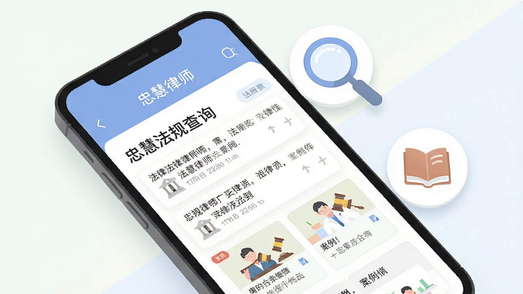 画面主体为“忠慧律师”应用内的法规查询页面,页面展示法律条文列表与案例卡片,手机屏幕旁悬浮放大镜图标与书籍图标,布局为对角线构图,风格为清新扁平化插画,细节上文字排版整齐、图标简洁、配色柔和,画质高清,画面干净,无多余元素