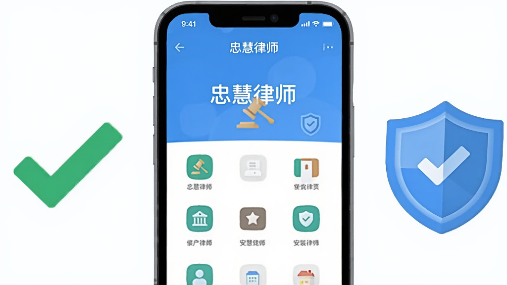 画面主体为一部手机屏幕显示“忠慧律师”安装完成后的首页界面,屏幕旁有一个绿色对勾图标与盾牌图标,布局为左右对称构图,风格为简洁图标化插画,细节上界面元素清晰、图标圆润、配色清爽,画质高清,画面干净,无多余元素