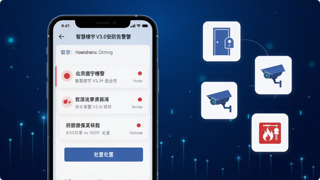 画面主体为智慧楼宇V3.0安防告警页面,手机屏幕中显示告警列表与处置按钮,画面右侧以漂浮图标形式呈现门禁、摄像头与消防标识,布局为手机居中搭配右侧图标环绕,排版简洁突出告警信息,风格为科技感扁平插画,细节上告警条目带有红色提示点,背景为深蓝渐变并带数据光点,画质高清干净无多余元素