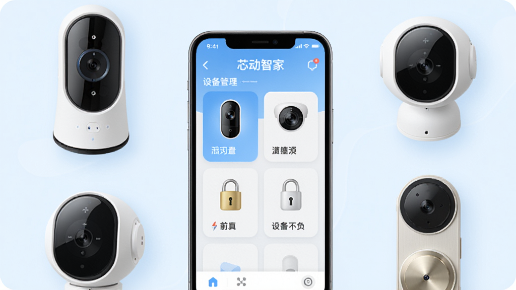 画面中央展示一部智能手机,手机屏幕上显示芯动智家的设备管理首页,页面上排列着门铃、摄像头、门锁等设备卡片,手机周围环绕着可视门铃、室内摄像头和智能门锁等硬件产品,整体采用浅蓝与白色为主的清新科技风格,布局干净有序,细节清晰,画质细腻,背景简洁无多余元素