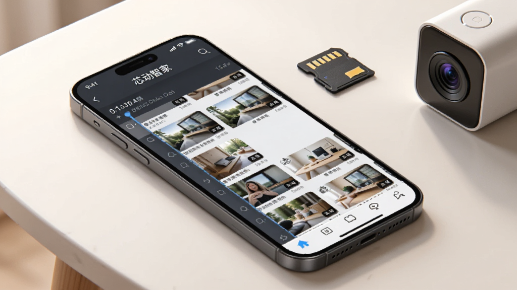 画面展示一部手机斜放在桌面上,屏幕中显示芯动智家的录像回放列表界面,画面中包含时间轴与视频缩略图,手机旁有一张存储卡和一台小型摄像头,整体采用柔和光线与浅色背景,布局简洁,风格清爽,细节丰富,画质清晰,无杂乱元素