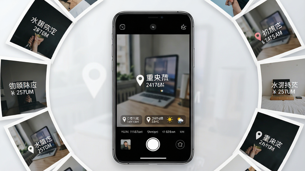 一张手机屏幕展示水印相机拍照打卡神器应用界面的产品展示图,画面中央是一部竖屏智能手机,屏幕上显示相机取景画面,画面中带有时间、地点、天气信息的水印叠加在照片下方,手机周围环绕若干张带有不同水印样式的示例照片,布局为手机居中、示例照片呈半环形分布在左右两侧,排版简洁有序,风格为现代科技感产品展示风,细节包括水印文字清晰可辨、界面图标精致、背景为浅灰渐变,画质高清、画面干净、无多余元素