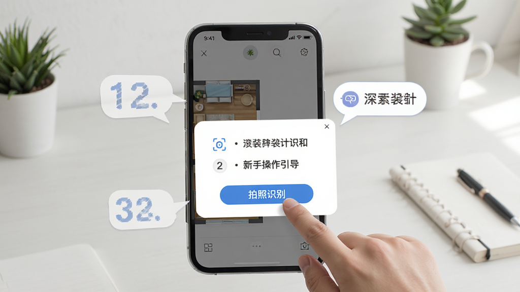 Deep装修设计AI新手操作引导界面,主体为手机屏幕显示户型绘制教程弹窗,屏幕旁有一只手正在点击“拍照识别”按钮,背景为简洁的家居书桌环境,风格为教程演示风,细节包括步骤序号和提示气泡,画质清晰干净无杂乱元素