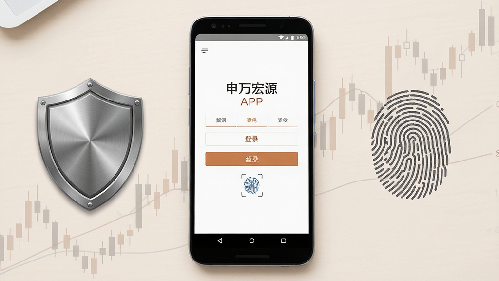 画面主体为一部安卓手机显示申万宏源APP登录界面,屏幕旁边有一个盾牌图标与指纹识别符号;手机平放在浅色桌面上,背景有淡淡的K线图水印;布局为手机居中、安全元素对称分布;风格为简洁安全风;细节包括界面按钮清晰、盾牌有金属质感、指纹纹理细腻;画质高清,画面干净,无多余元素。