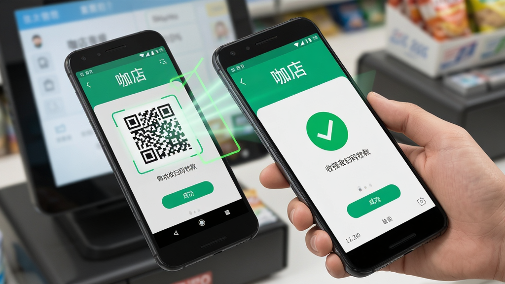 一只手持安卓手机对准顾客手机上的付款二维码进行扫描,手机屏幕显示咖店收银扫码收款界面与绿色成功对勾,背景为便利店收银台,布局为近景特写突出扫码动作,排版上二维码与手机屏幕形成对角呼应,风格为写实商业摄影感插画,细节上体现扫码光效与界面元素,画质清晰干净,无多余装饰元素