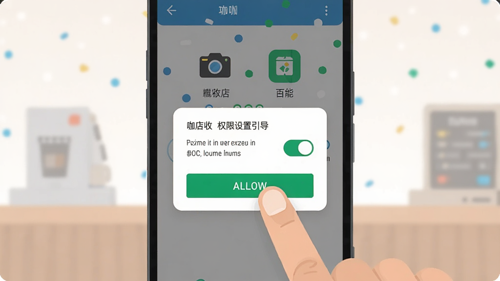 一部安卓手机屏幕显示咖店收银的权限设置引导页面,旁边有相机图标与存储图标,画面中有一只手正准备点击允许按钮,布局为手机居中特写,排版上权限弹窗位于屏幕中央,风格为扁平化科技插画风,细节上突出权限开关与图标,画质清晰,画面干净无多余元素