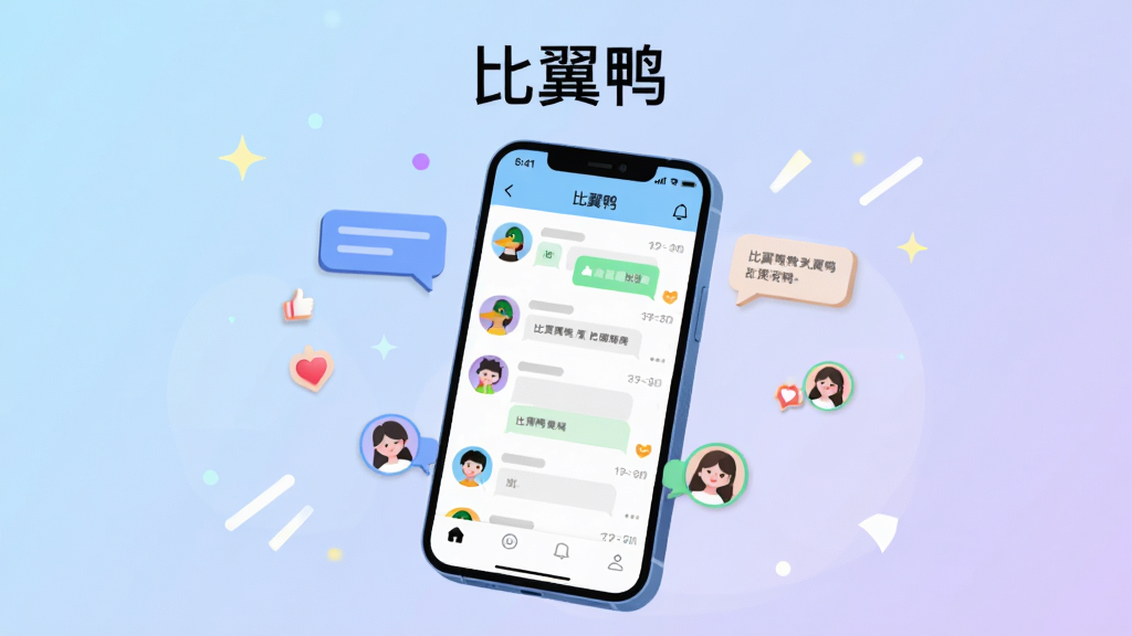 画面主体是一部竖屏智能手机,屏幕中央展示“比翼鸭”聊天应用的主界面,包含会话列表与底部导航栏,手机两侧漂浮着对话气泡、点赞图标与好友头像;布局采用居中构图,手机略向右倾斜,背景为浅蓝到淡紫的柔和渐变,四周点缀少量几何光斑;排版上手机占画面主要位置,顶部留白放置应用名称文字“比翼鸭”;风格为清爽扁平化插画,线条简洁,配色明快;细节包含屏幕内的头像圆角处理、消息气泡阴影、状态栏时间显示;画质高清,画面干净,无多余元素。