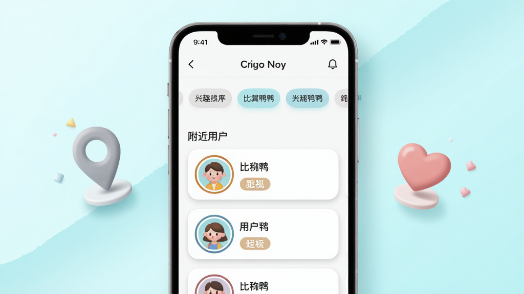 画面主体是一部手机,屏幕显示“比翼鸭”的发现页面,页面上方是兴趣标签横滑条,中部是附近用户卡片列表,每张卡片含头像、昵称与距离标签;布局为手机居中,左右两侧各漂浮一个定位图钉与爱心图标;排版上手机占据画面中心,背景为淡青色渐变;风格为轻拟物插画风,柔和阴影;细节包含卡片圆角、头像描边、标签胶囊形状;画质高清,画面干净,无多余元素。