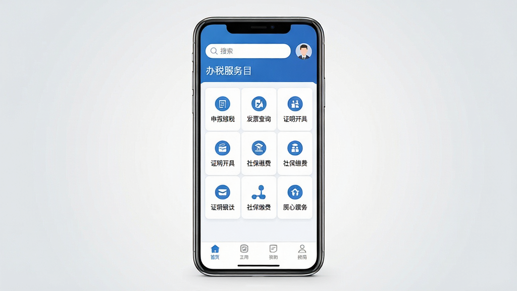 ˰����ӹܼ�Ӧ��������չʾ������������һ�����������ֻ�����Ļ�ڳ���������ɫ�İ�˰������ҳ���Ϸ������������û�ͷ���в�Ϊ�Ź�����ͼ�����У������걨��˰����Ʊ��ѯ��֤�����ߡ��籣�ɷѵ���ڣ��·�Ϊ�ײ�������������Ϊǳ��ɫ���䣬�������������Ű�ɾ����򣬻����������޶���װ��Ԫ��