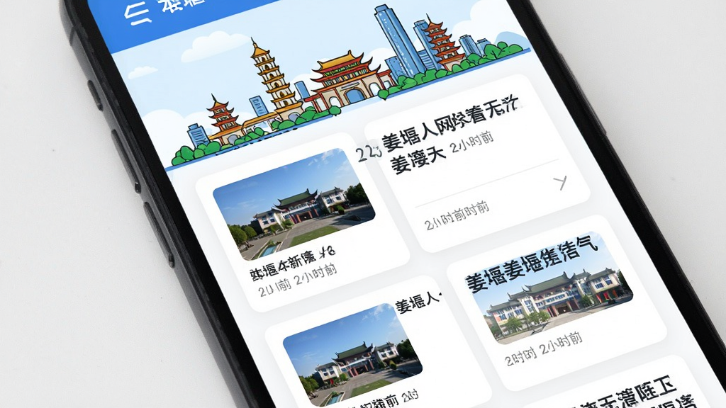 姜堰人网本地资讯页面展示,手机屏幕中排列着多条姜堰新闻卡片,每条卡片包含标题、缩略图和发布时间,顶部有姜堰城市标志性建筑插画,界面采用卡片式布局,白底搭配蓝色强调色,风格简洁现代,画质清晰干净