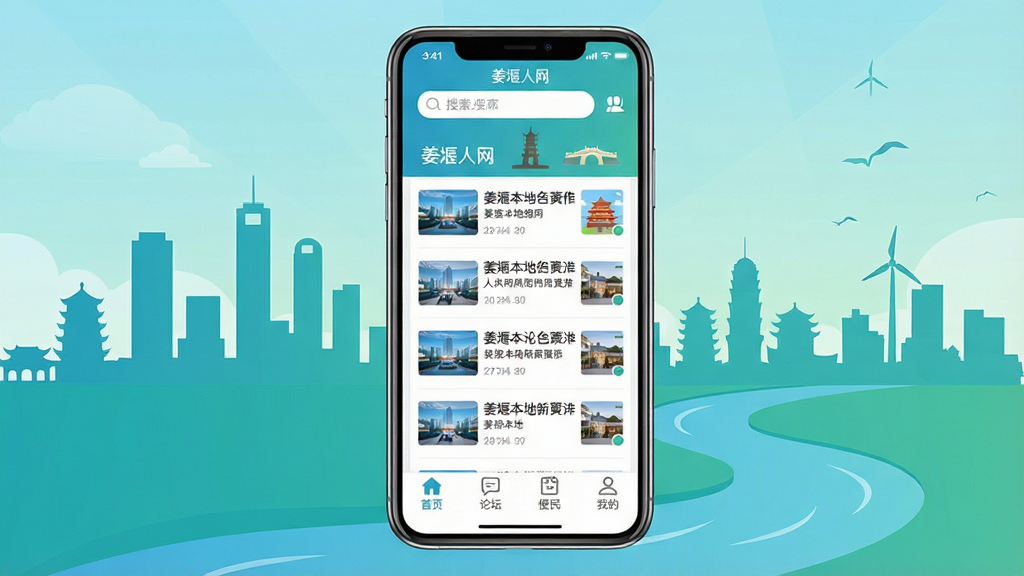 手机屏幕展示姜堰人网应用界面,画面中央是姜堰本地新闻资讯列表,顶部有搜索栏和城市地标图标,底部导航栏包含首页、论坛、便民、我的四个入口,背景是姜堰城市剪影与河流元素,整体风格清新明亮,蓝绿色调,扁平化UI设计,细节清晰,画质干净,无多余元素