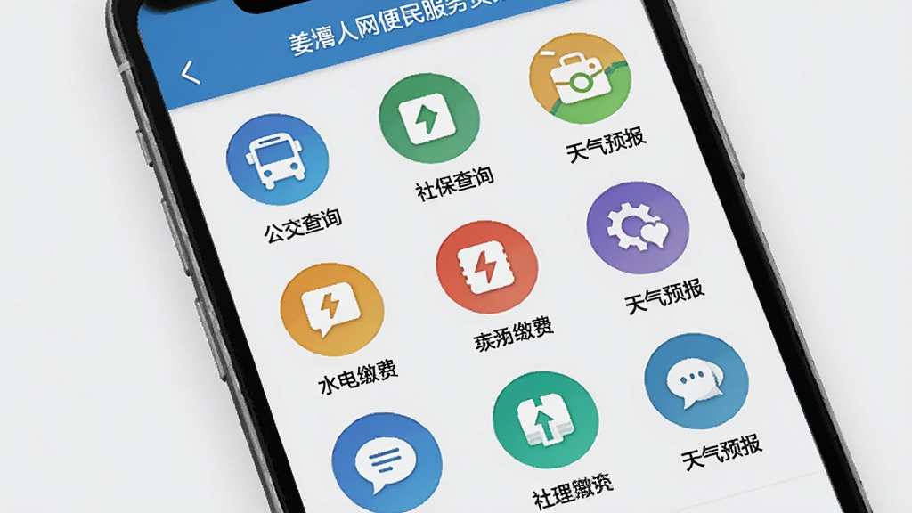 姜堰人网便民服务页面展示,手机屏幕中排列着公交查询、社保查询、水电缴费、天气预报等圆形功能图标,图标下方有文字标签,界面采用九宫格布局,浅灰色背景搭配彩色图标,风格简洁实用,画质干净清晰