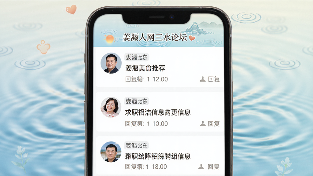 姜堰人网三水论坛界面展示,手机屏幕呈现论坛帖子列表,包含头像、用户名、帖子标题和回复数量,帖子标题如姜堰美食推荐、求职招聘信息等,背景有淡雅的水波纹装饰,整体风格温馨社区感强,排版整齐,画质干净