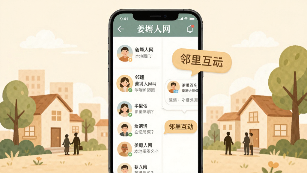 姜堰人网本地圈子功能展示,手机屏幕显示社区圈子列表和邻里互动消息气泡,画面中有房屋、树木、人物剪影等社区元素插画,色彩柔和温暖,风格亲切自然,排版疏朗,画质干净无杂乱