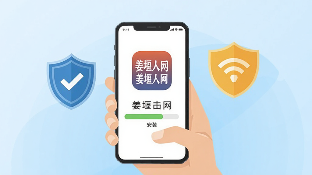 姜堰人网安卓手机安装与使用场景插画,画面中一只手拿着手机,屏幕显示姜堰人网应用图标和安装进度条,旁边有盾牌安全图标和WiFi信号标识,背景为浅蓝色渐变,风格扁平化插画,细节清晰,画质干净