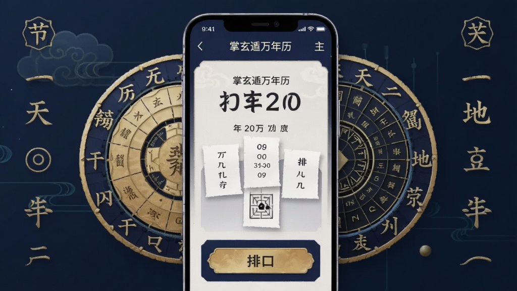 画面中央放置一部智能手机,手机屏幕显示掌玄遁万年历主界面,包含农历日期、干支信息与排盘入口按钮;手机两侧环绕传统历法元素如节气圆盘、天干地支字符装饰;整体采用深蓝与金色搭配的国风科技风格,背景干净简洁,画质清晰细腻,无多余杂乱元素