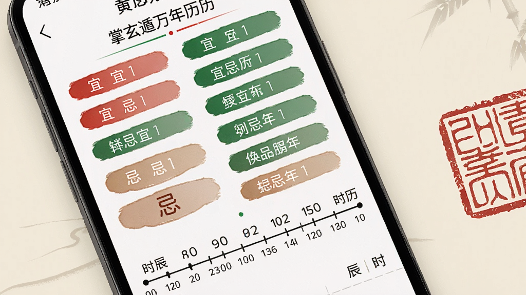 手机屏幕特写,显示掌玄遁万年历黄历宜忌页面,红色与绿色标签分别标注宜与忌事项,下方时辰列表以时间轴形式排列;背景为淡雅米色,画面右侧点缀传统印章图案,整体风格素雅干净,画质细腻,无杂乱元素