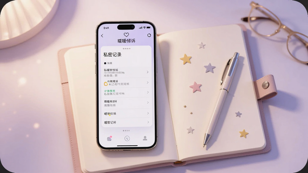 画面主体为一部手机和一本打开的笔记本,手机屏幕显示