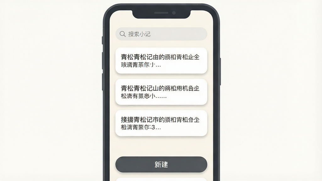 一张手机界面展示图,画面主体是一部竖屏智能手机,屏幕中央显示青松小记的记录首页,页面上方有搜索框,中间排列着几条文字记录卡片,底部有新建按钮;布局为居中构图,手机两侧留白;风格为清爽扁平化UI设计风格;细节上手机边框为深灰色,屏幕背景为浅米白色,卡片带圆角与浅阴影,文字为深灰色;画质清晰,干净,无多余元素