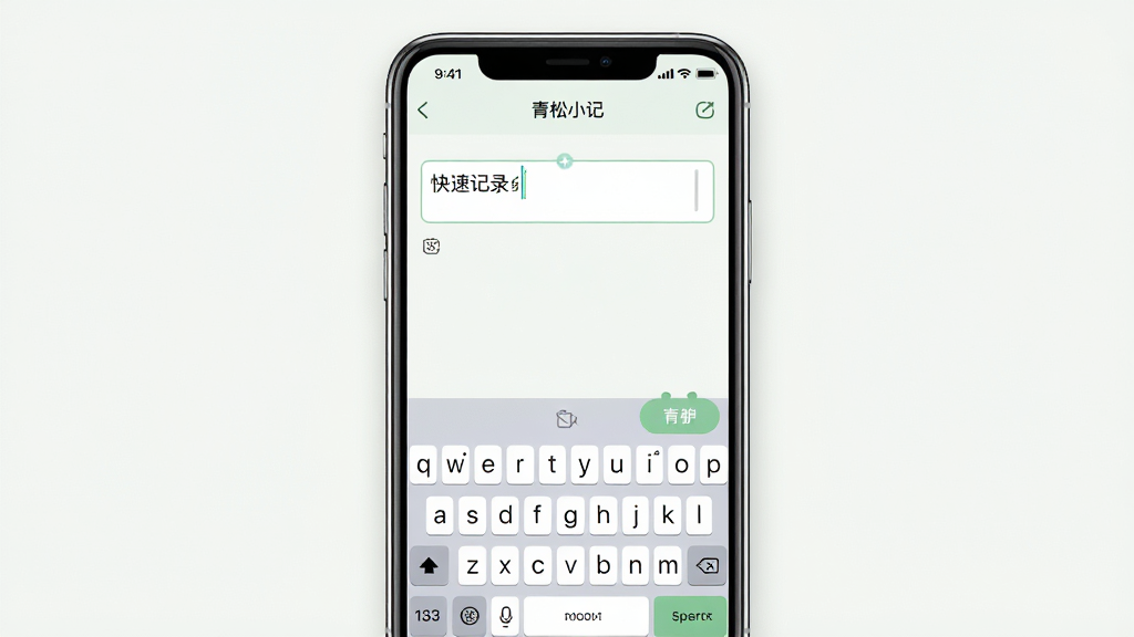 一张手机应用界面示意图,画面主体是一部手机,屏幕显示青松小记的快速记录输入界面,输入框内有一行示例文字,键盘区域位于下方;布局为正面平视手机;风格为现代简洁的移动端UI风格;细节上输入框有光标闪烁效果,背景为浅色,按钮为柔和的绿色;画质清晰,干净,无多余元素