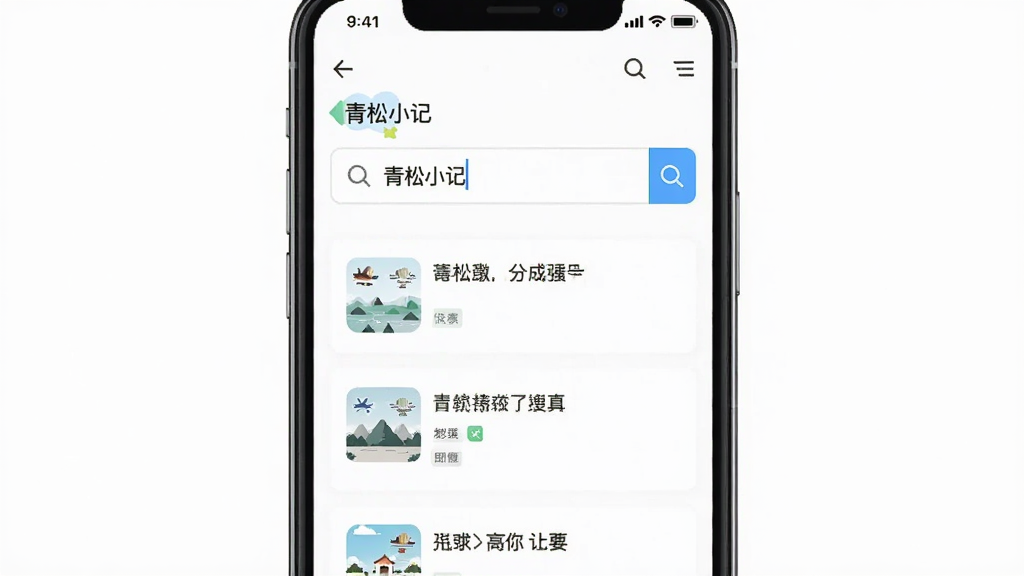 一张手机界面展示图,画面主体是一部手机,屏幕显示青松小记的搜索页面,搜索框内输入了关键词,下方列出多条匹配的记录条目;布局为居中展示手机;风格为清爽的扁平化设计;细节上搜索框有放大镜图标,结果条目带有小标签,背景为白色;画质清晰,干净,无多余元素