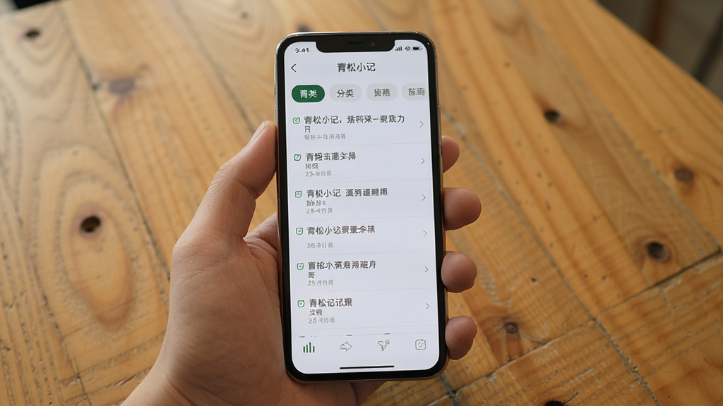 一张手机操作示意图,画面主体是一只手握着手机,屏幕显示青松小记的记录列表页面,页面顶部有分类标签,列表中有多条文字记录;布局为手持手机的自然视角;风格为生活化实拍风格;细节上背景为木质桌面,手机屏幕亮度适中,界面文字清晰;画质清晰,干净,无多余元素